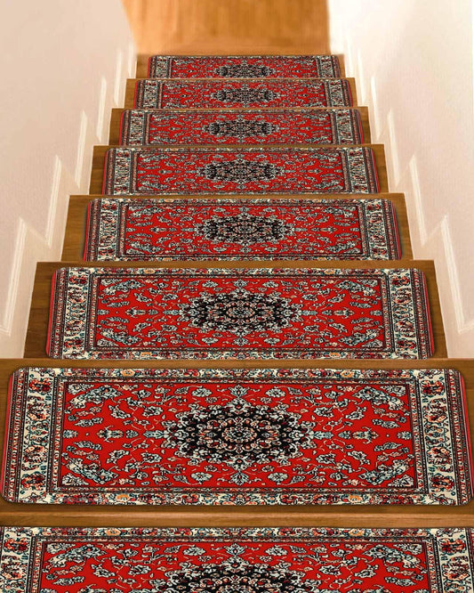 Abstract Red Stair Treads for Wooden Steps Indoor Runner Rug Carpet,Vintage Distressed Traditional Oriental Boho Tribal 15 Pieces Peel and Stick Staircase Step Treads Covers Washable Door Mats 30"x8"