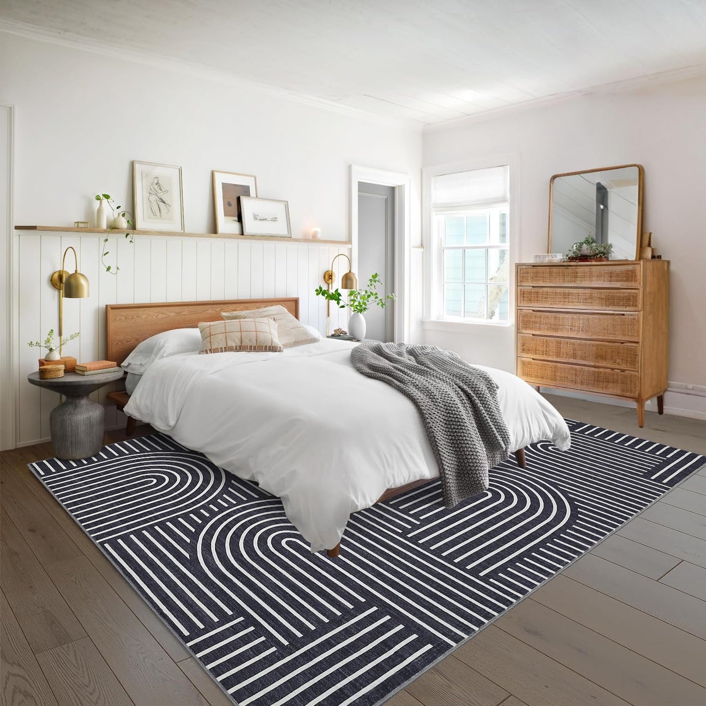 ROYHOME Washable Rug 8x10 Area Rugs for Living Room, Abstract Rug for Bedroom, Soft Rainbow Non Slip Throw Rugs with Rubber Back, Low Pile Stain Resistant Boho Geometric Carpet for Dining Room, Black