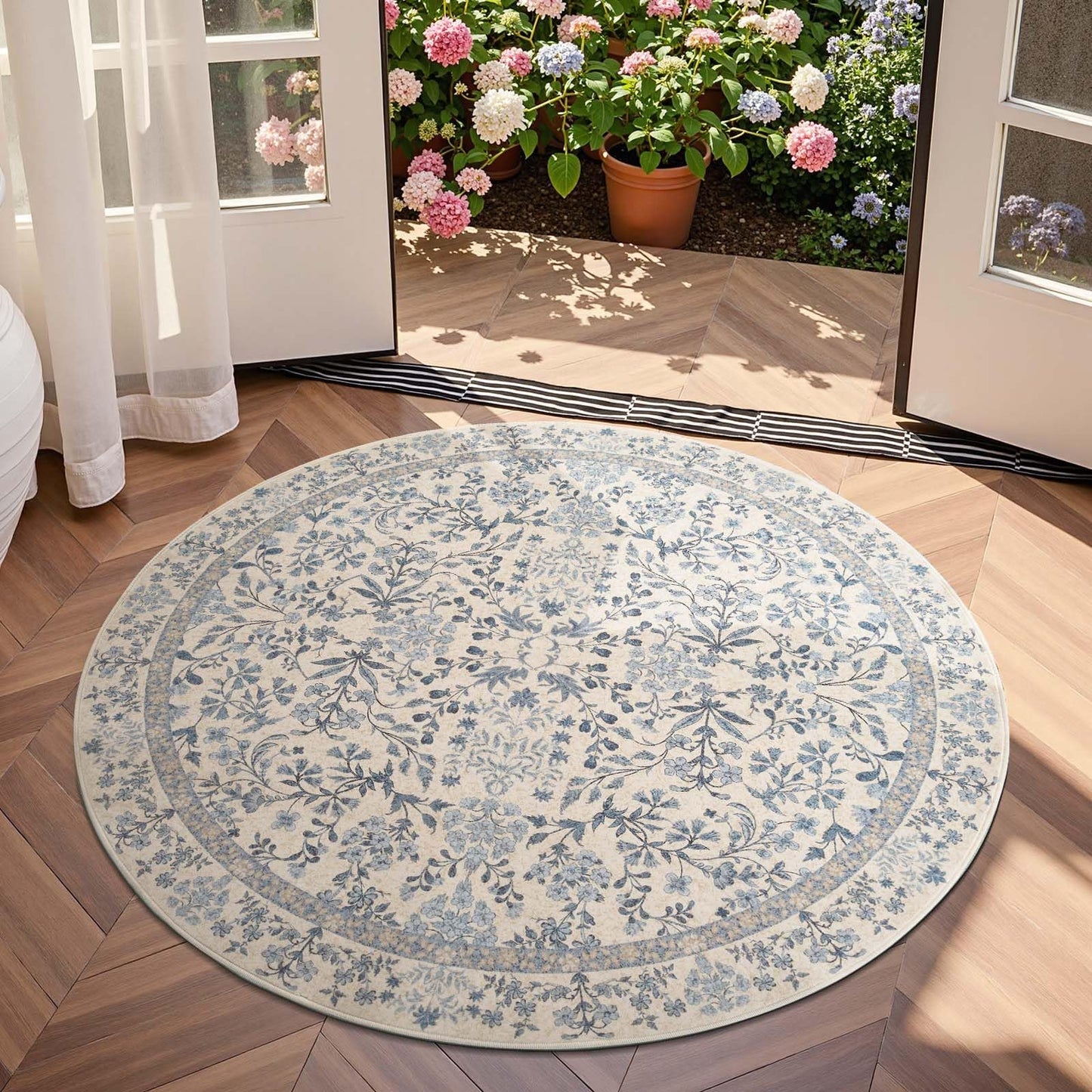jinchan Zenith Round Rug 4ft Area Rug Soft 4'Round Floral Aesthetic Rug Non-Slip Low-Pile Machine Washable Carpet for Entryway Bedroom Kids Room Kitchen College Dorm Blue/Cream