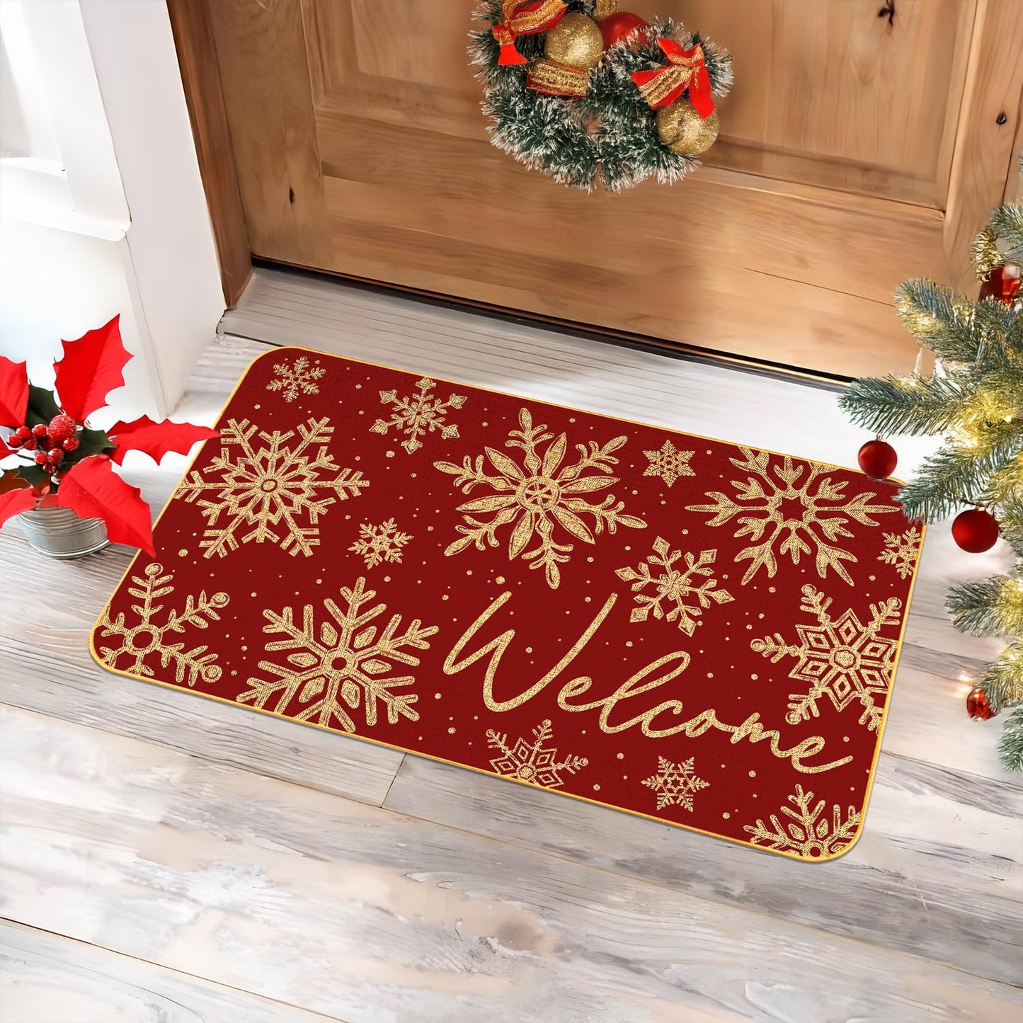 JYKCUL Snowflake Christmas Doormat,Snowflakes Winte Xmas Decorative Doot Mat Non-Slip Low-Profile Indoor Outdoor Welcome Mat Washable Winter Holiday Doormat 17" x 29"