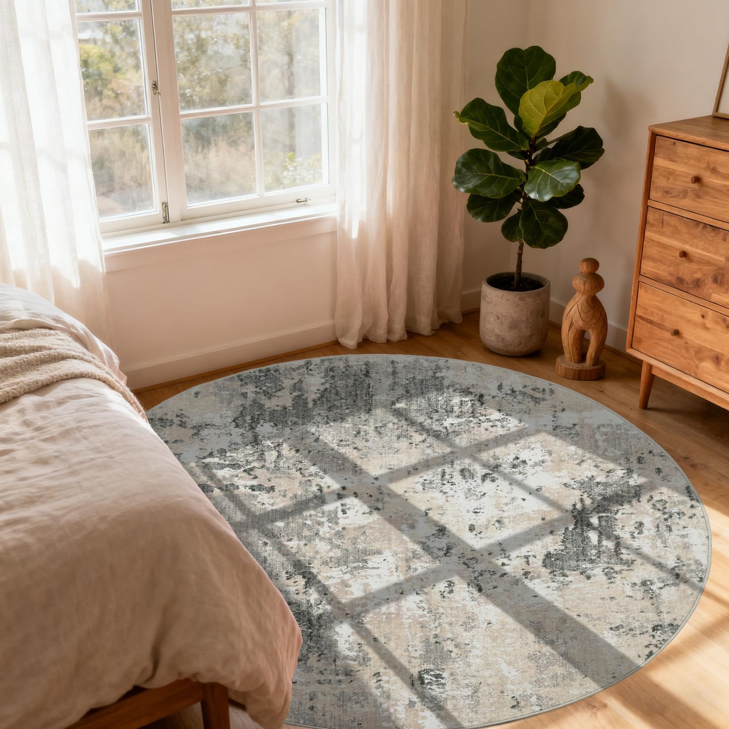 ROYHOME Modern Abstract 8x8 Round Area Rug Non Slip Non Shedding Rug Low Pile Stain Resistant for Bedroom Living Room Office Dining Room,Grey Yellow