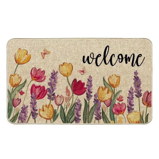 Tikeciti Spring Summer Tulips Welcome Doormat, Vibrant Colorful Floral Garden Doormats Seasonal Front Door Mat Non-Slip Entrance Mat Low Profile Kitchen Floor Rug Decor for Home Patio 17 x 29 Inch