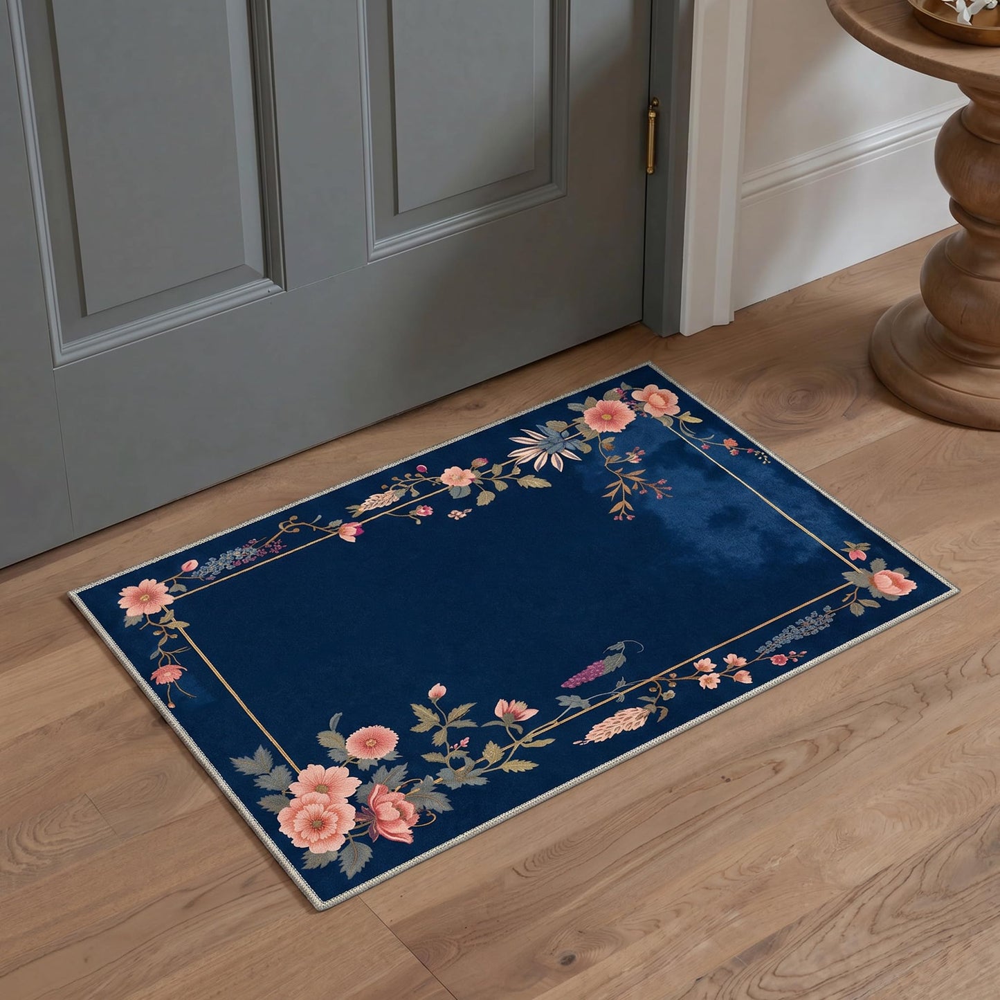 GENIMO 8X10 Area Rugs for Living Room, Machine Washable Non Slip Stain Resistant Low Pile Rug, Floral Border Soft Rugs for Bedroom, Dining Room, Home Office, MidnightBlue