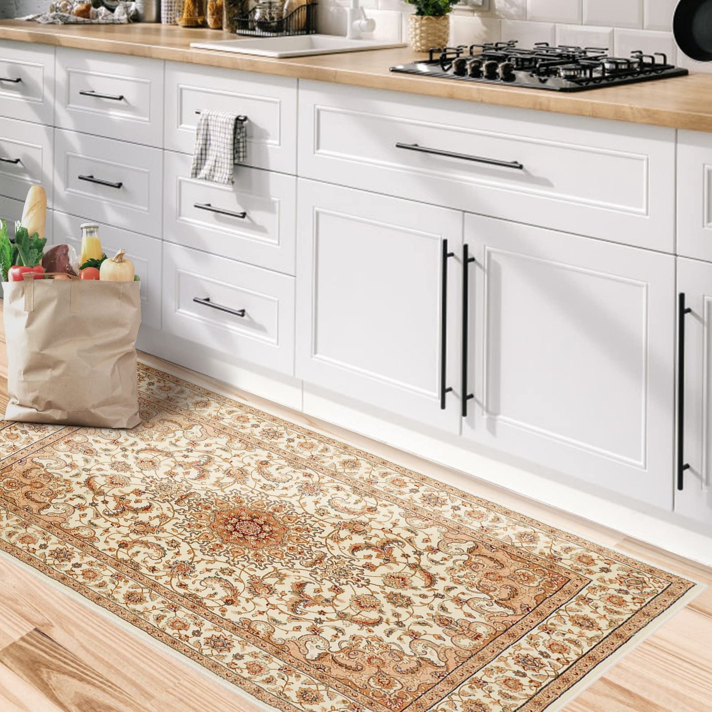 COMSLE Boho Area Rug, 2' x 4' Machine Washable Rugs for Entryway Faux Wool Small Rugs Distressed Throw Rug Non-Slip Floor Carpet for Indoor Bedroom Kitchen Living Room Cream/Beige-2