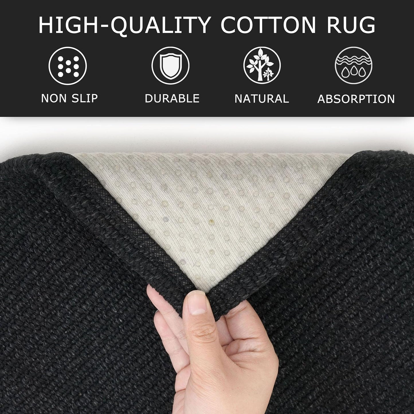 KOZYFLY Washable Area Rug 4x6 Ft Non Slip Rubber Backed Rugs for Entryway Bedroom Throw Rugs Boho Entry Rug, Cotton Braided Floor Carpet for Dining Room Living Room, Black