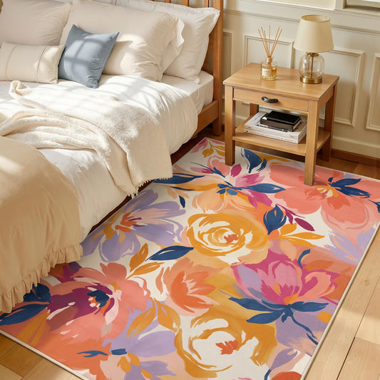GraceSway 3x5 Washable Area Rug, Colorful Watercolor Floral Botanical Rug, Ultra Soft Faux Cashmere Low Pile Accent Carpet, Non Slip Foldable Pet Friendly Mat for Bedroom, Living Room, Girls Nursery