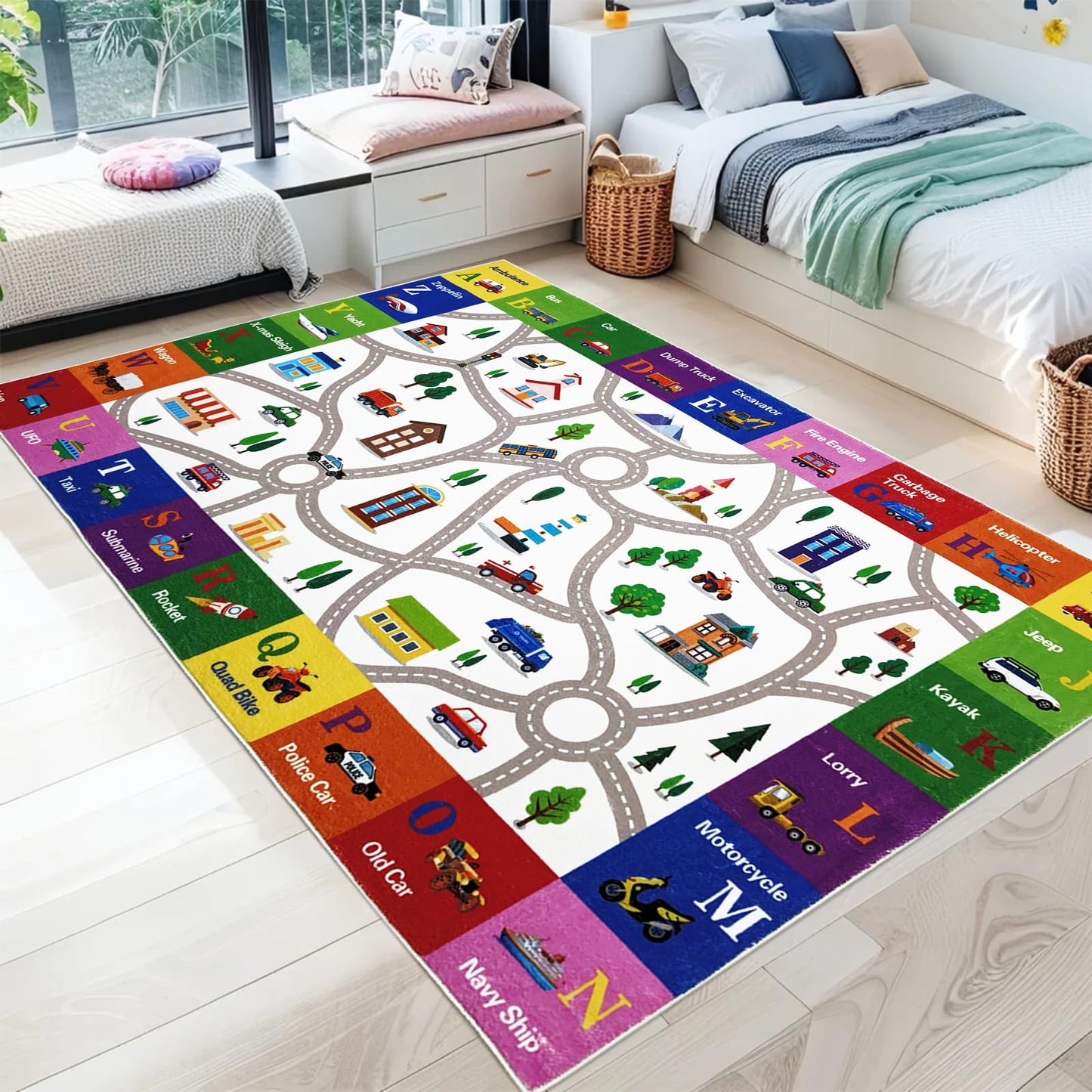 Lacomfy Kids Rug 4x6Ft ABC Car Road Map Play Mat Carpet for Boys Girls Bedroom Playroom Classroom, Vehicles & Alphabet Town Track Learning and Educational Children Area Rug, Nonslip, Indoor Decor