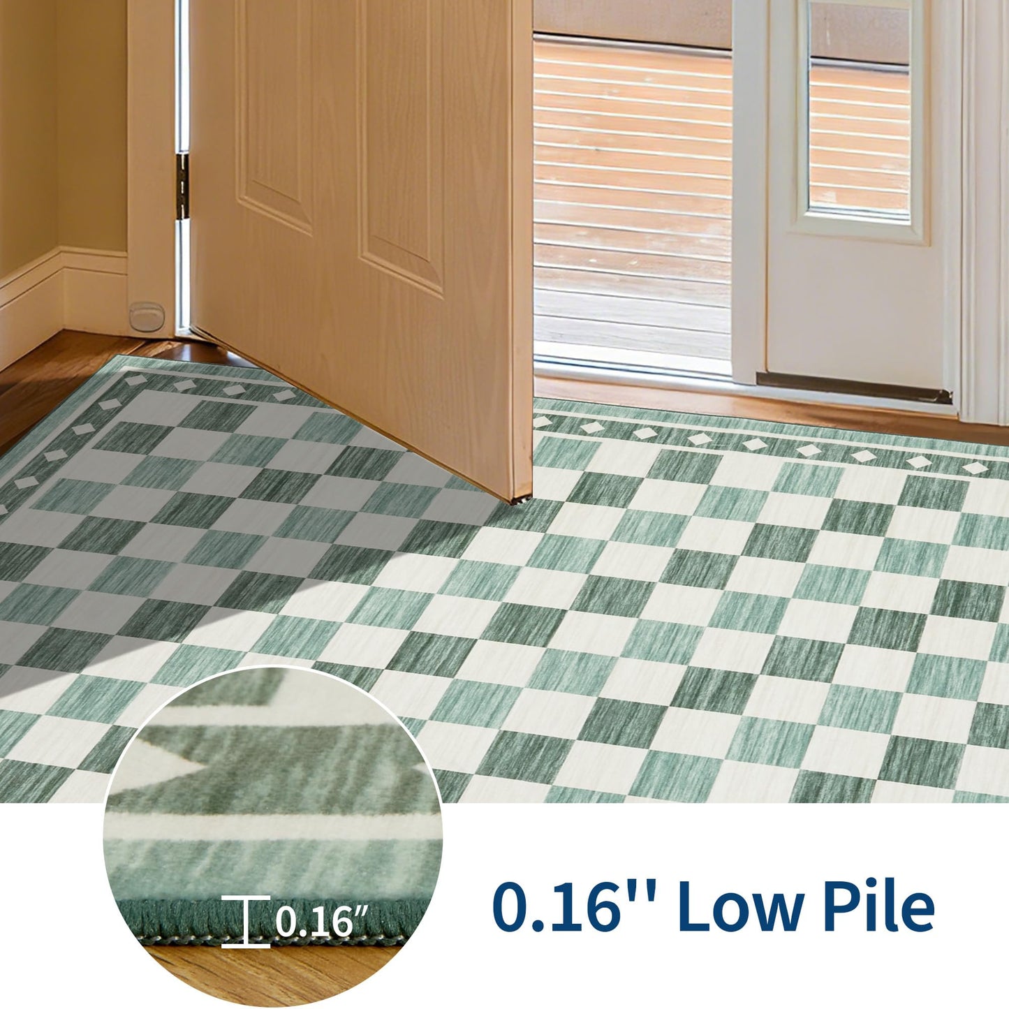 Garvee 9x12 Checkered Area Rug, Washable Soft Rugs for Living Room, Modern Geometric Non Slip Low Pile Carpet for Bedroom, Dining Room, Green