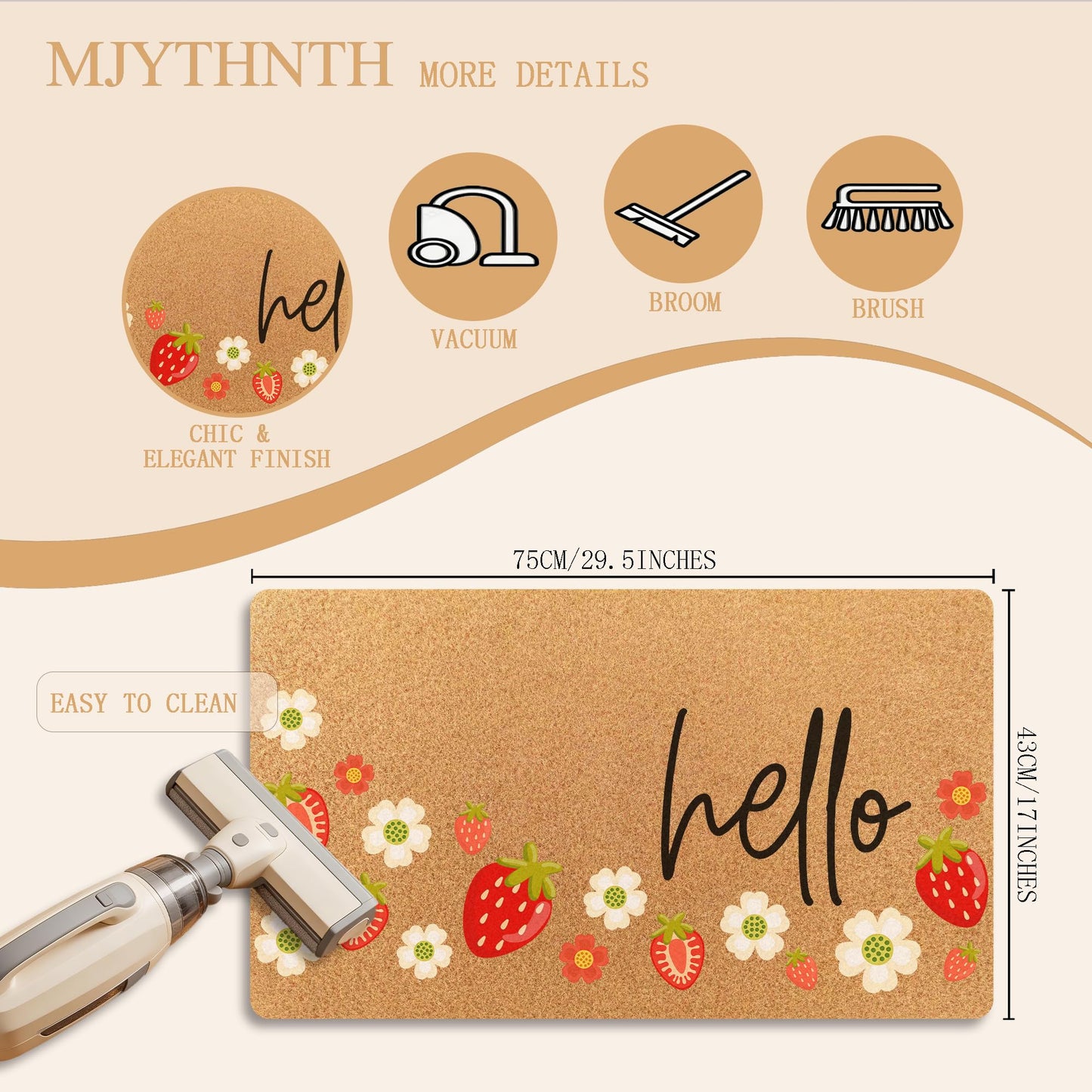 MJYTHNTH Strawberry Hello Door Mat Doormat for Front Door Outdoor Indoor, Spring Summer Strawberry Daisy Floral Welcome Mat Porch Rugs Outside Entrance, 17x30 Inches