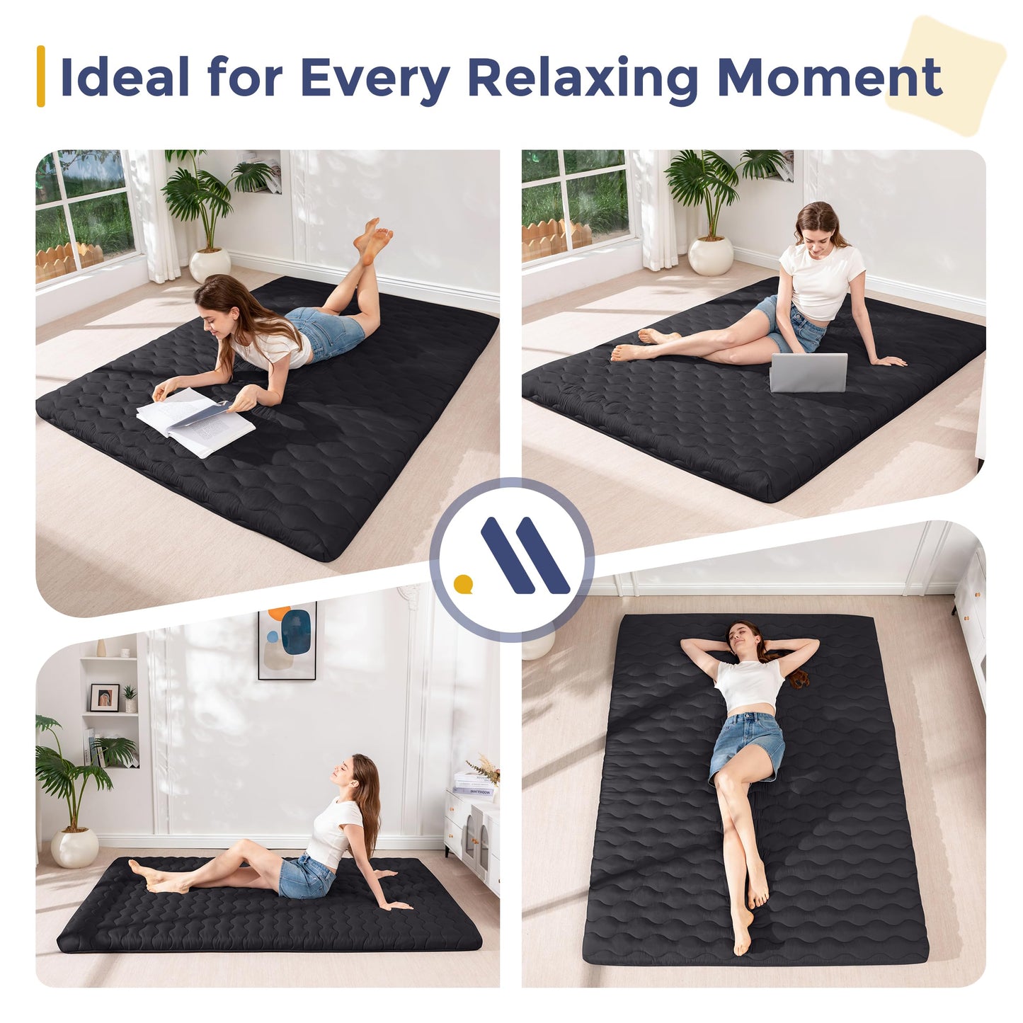 MAXYOYO Japanese Floor Futon Mattress Twin Size, 3" Thicken Tatami Sleeping Pad Foldable Roll Up Mattress, Portable Floor Mattress Pad for Adults, Guest Room, Camping, Black