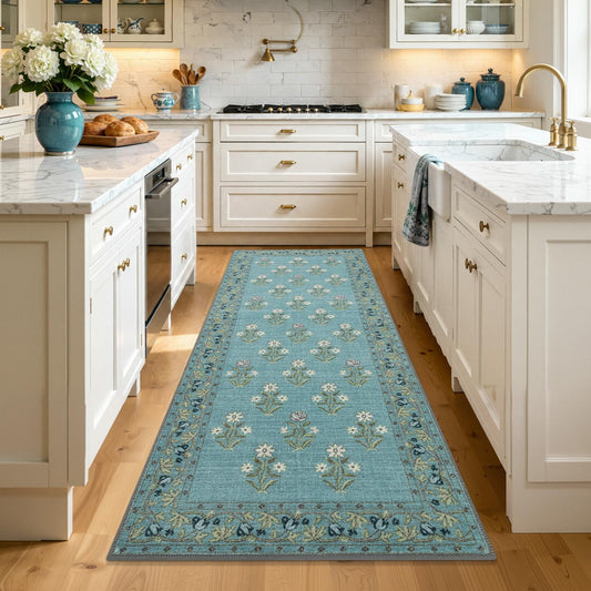 BSICPRO Large Kitchen Rugs Non Slip Washable, 24" x 59" Wide Kitchen Mats for Floor, Retro Vintage Floral Runner for Sink Kitchen Laundry Hallway Decor, Blue