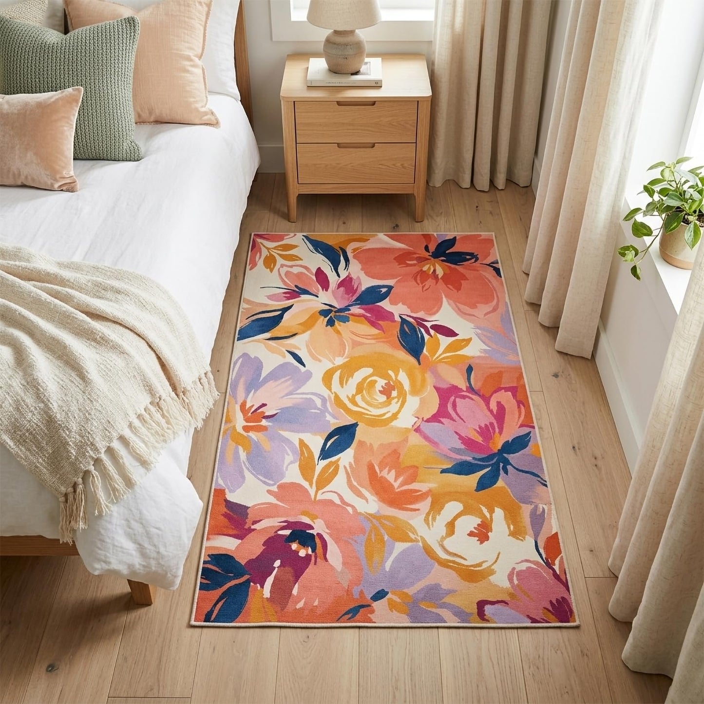 GraceSway 3x5 Washable Area Rug, Colorful Watercolor Floral Botanical Rug, Ultra Soft Faux Cashmere Low Pile Accent Carpet, Non Slip Foldable Pet Friendly Mat for Bedroom, Living Room, Girls Nursery