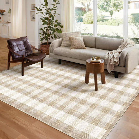 COLORPAPA Checkered Area Rug 5x7, Washable Rugs for Living Room, Modern Neutral Non Slip Indoor Carpet for Bedroom Office Patio Dining Room (Beige)