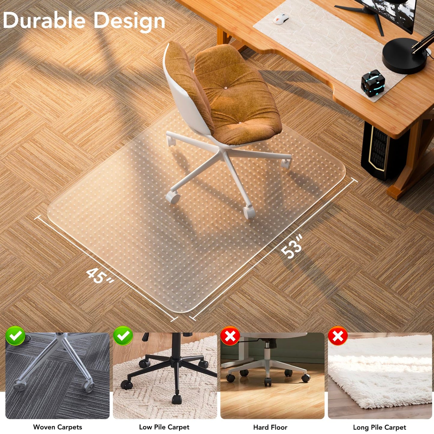 Office Chair Mat for Low Pile Carpet with Lip, 45" x 53" Clear Plastic Floor Protector, Heavy Duty Desk Chair Mat for Rolling Chairs, Smooth Glide Computer Mat for Home Office