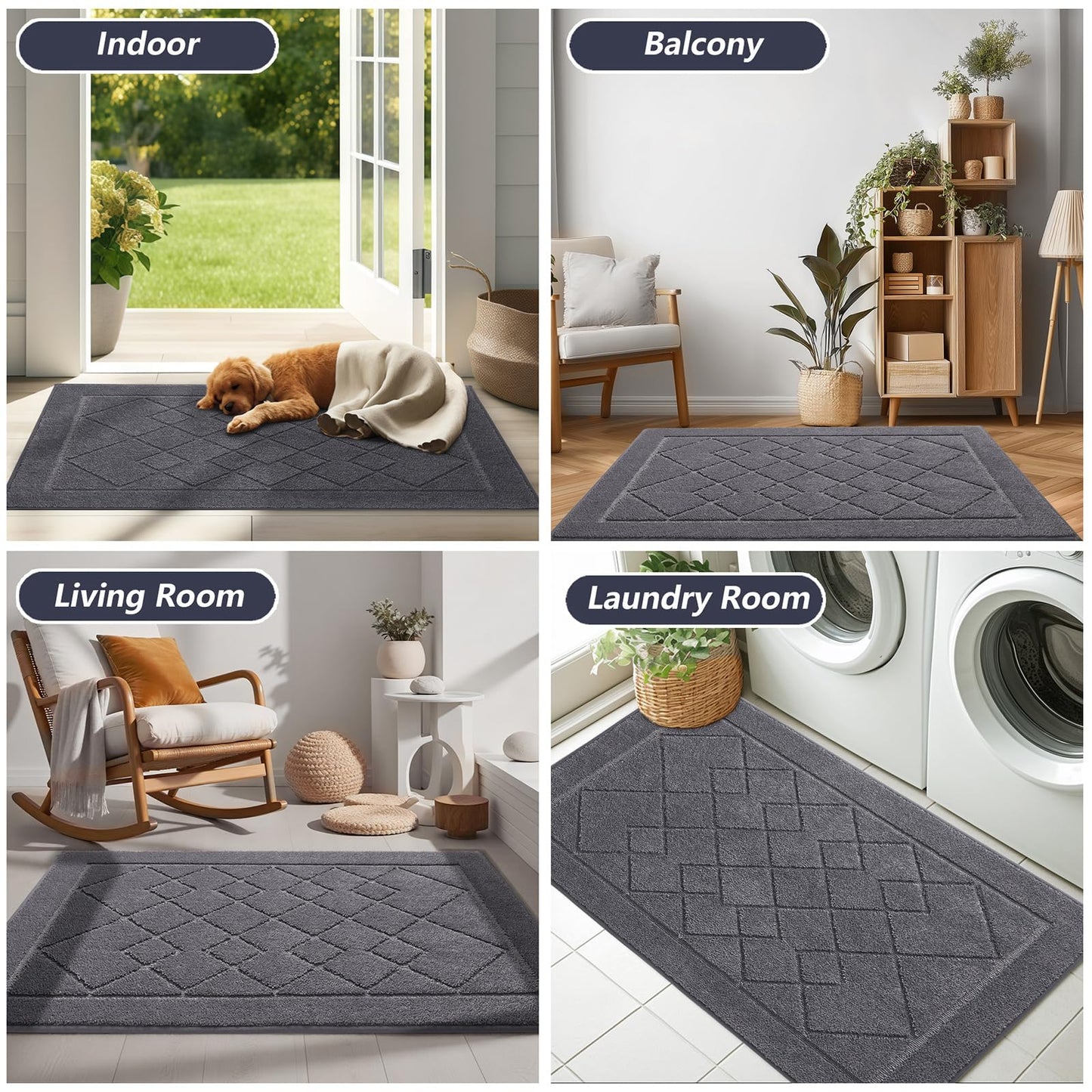 REFETONE Dirt Trapper Door Mat 24" x 36", Washable Indoor Doormat Rubber Backing Non Slip, Resist Dirt and Absorbent Entrance Mat, Low Profile Inside Floor Mats for Front Back Door and Entryway, Grey