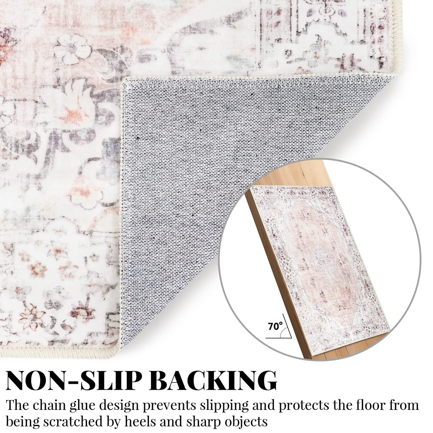 MUJOO Boho Rug 4'x6.5' Area Rugs for Bedroom Living Room Dining Room Pink Small Rugs Machine Washable Non Slip Carpet for Office Dorm Bedside Kitchen Laundry Room Floral