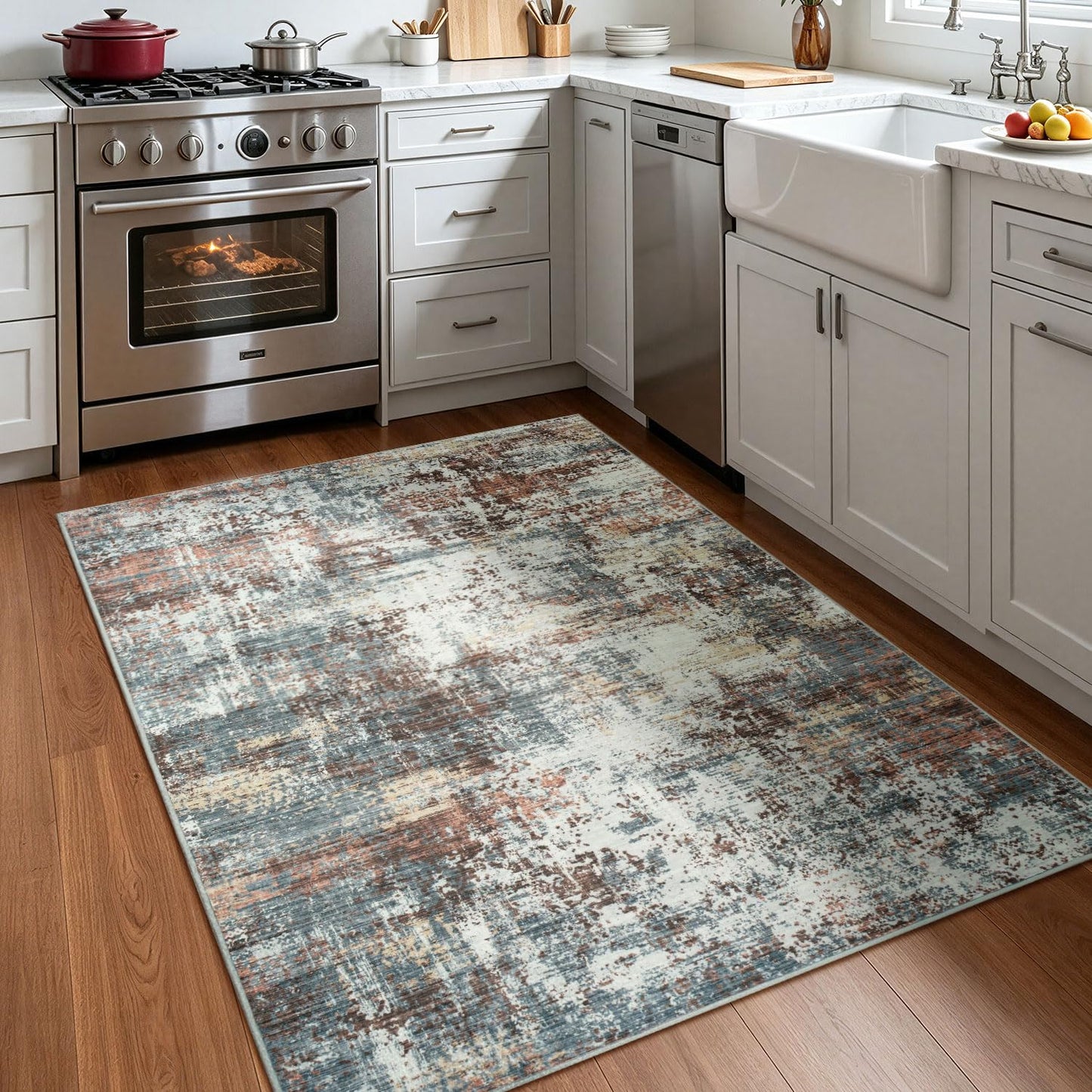 RUGVIGO 3x5 ft Washable Non-Slip Area Rug, Red Accent Rugs for Entryway Kitchen Indoor Door Mat, Soft Neutral Abstract Modern Farmhouse Carpet Bedroom Laundry Room Decor