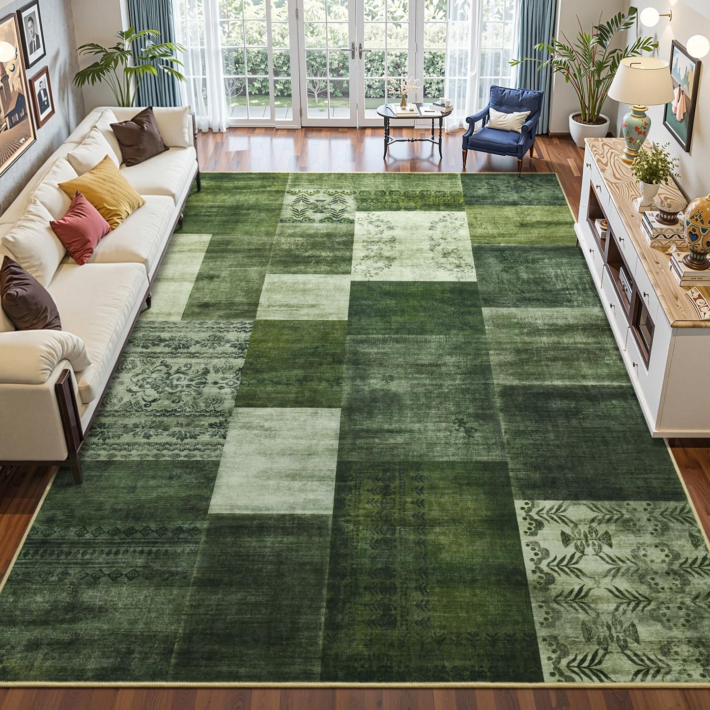 DweIke Washable Area Rugs 4x6 for Living Room, Modern Geometric Green Soft Patchwork Carpet, Non-Slip Stain Resistant Throw Rug for Bedroom Dining Room Office Home Decor