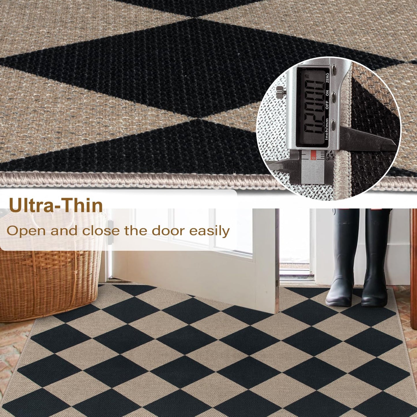 Rugalia Easy Jute Checkered Entryway Rug, 2.6x4 Black Modern Indoor Outdoor Doormat, Washable Non-Slip Neutral Kitchen Rug Farmhouse Diamond Throw Rugs for Entrance Bedroom Bathroom