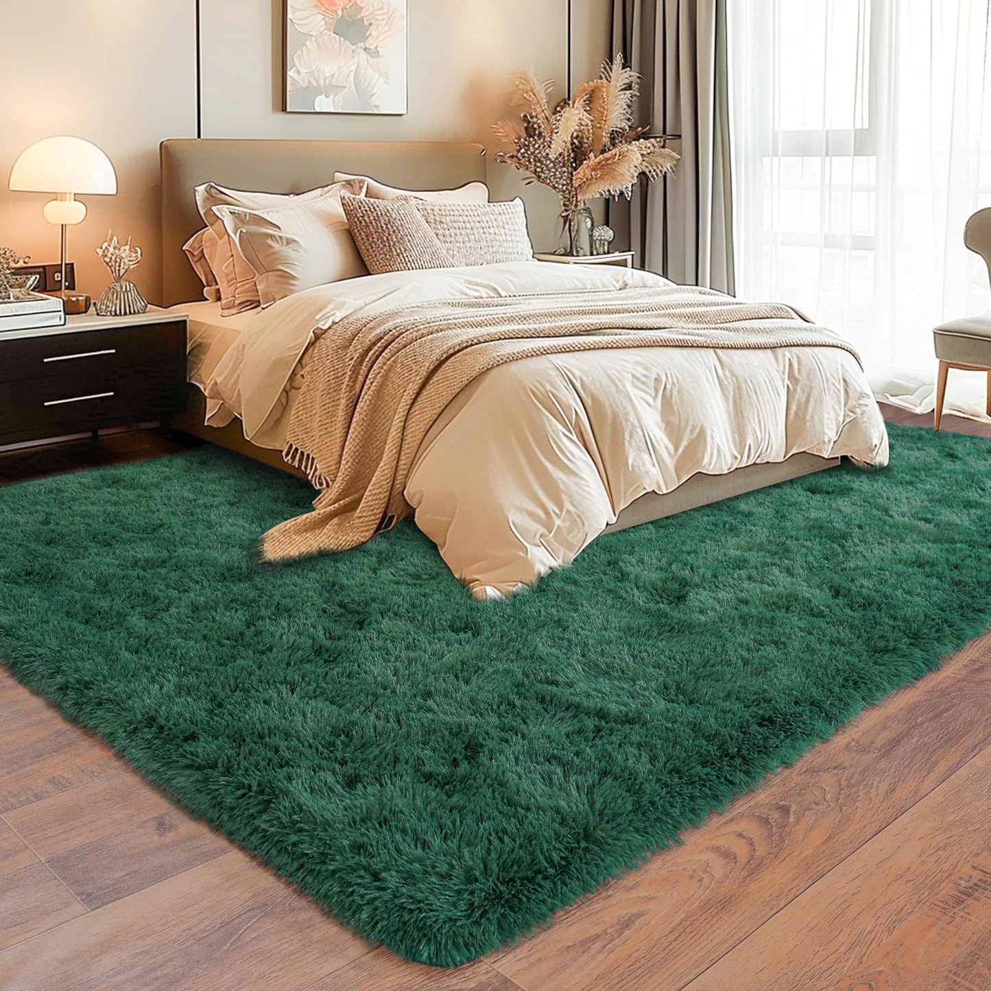 Dssimo Super Soft Area Rugs for Living Room, 4x6 Feet Modern Shag Dark Green Rug, Fluffy Plush Non-Slip Green Carpet for Girls Boys Teens, Kids Home Decor for Bedroom Dorm Nursery Classroom, Carpets