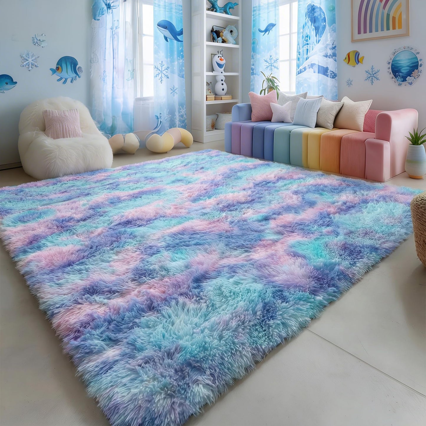 Amdrebio Purple Rainbow Rugs for Bedroom Girls Room Decor, Soft Fluffy Cute Area Rug 4x6 for Kids Room Playroom Nursery Dorm, Mermaid Stitch Frozen Fuzzy Carpet, Plush Kawaii Furry Baby Toddler Rug