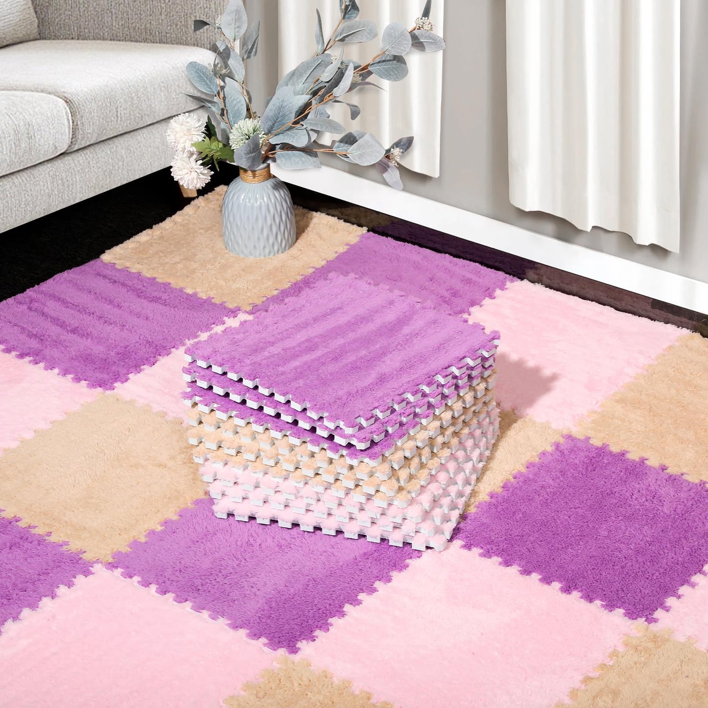 12 Pcs Plush Interlocking Carpet Tiles, Non-Toxic Foam Carpet Tiles for Toddler Baby, Anti-Slip, EVA Foam Interlocking Tiles for Floor, Nursery, Playroom, Purple, Light Brown, Pink