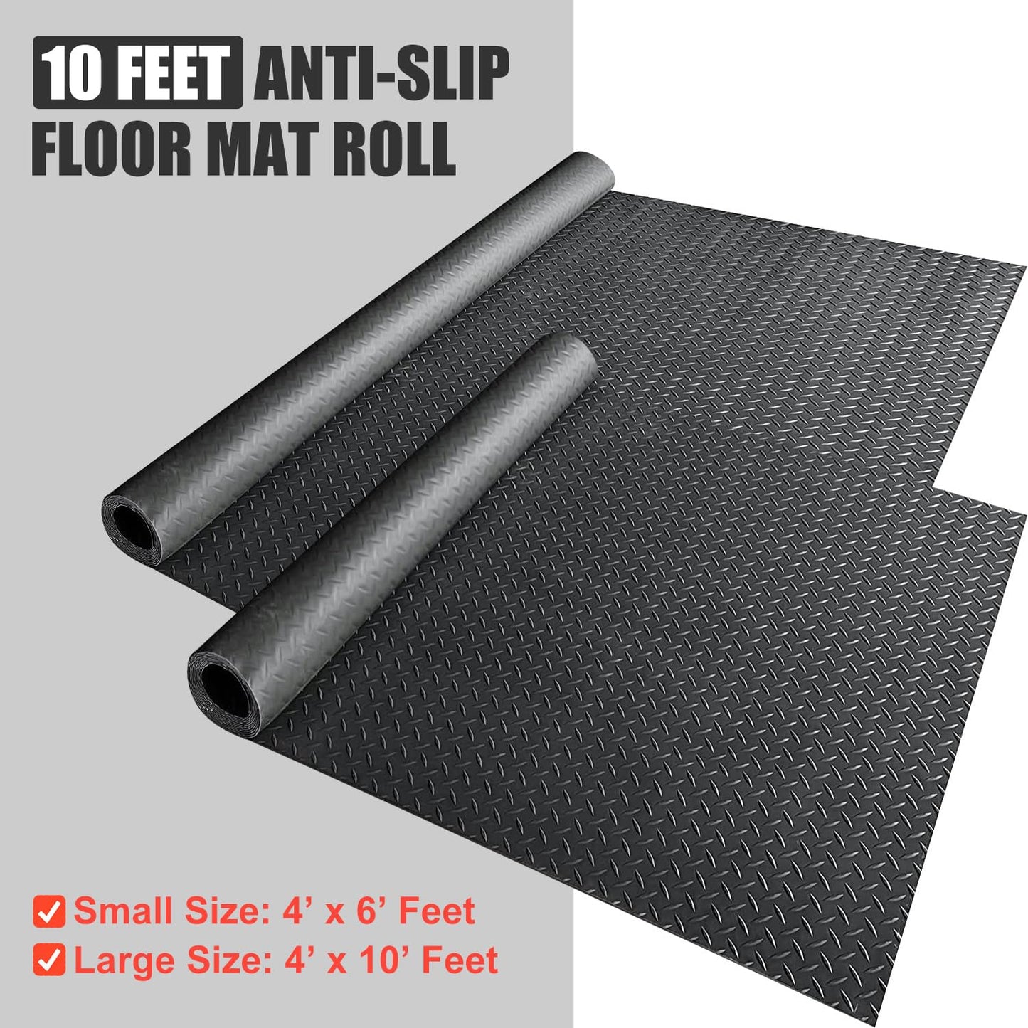 OranLite 4' x 10' Feet Non-Slip Garage Floor Mat, 1-Piece Durable Rubber Flooring Roll, Cuttable Floor Protector Mat for Parking Lots, Gym, Warehouse, Basement Trailer (4' x 10' Ft)