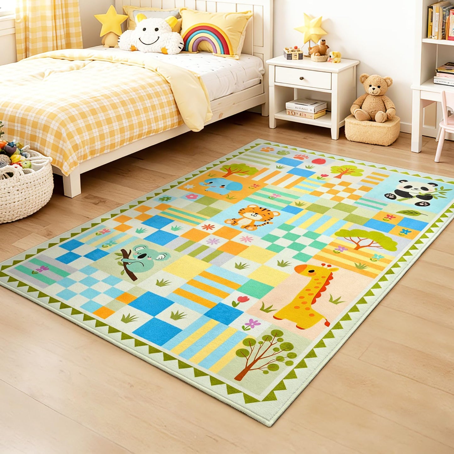 4x6 Washable Kid Playroom Rug, Unisex Green Safari Jungle Woodland Animal Toddler Carpet, Soft Non-Slip Baby Nursery Area Rug with Cute Colorful Checkered Design for Boy Bedroom