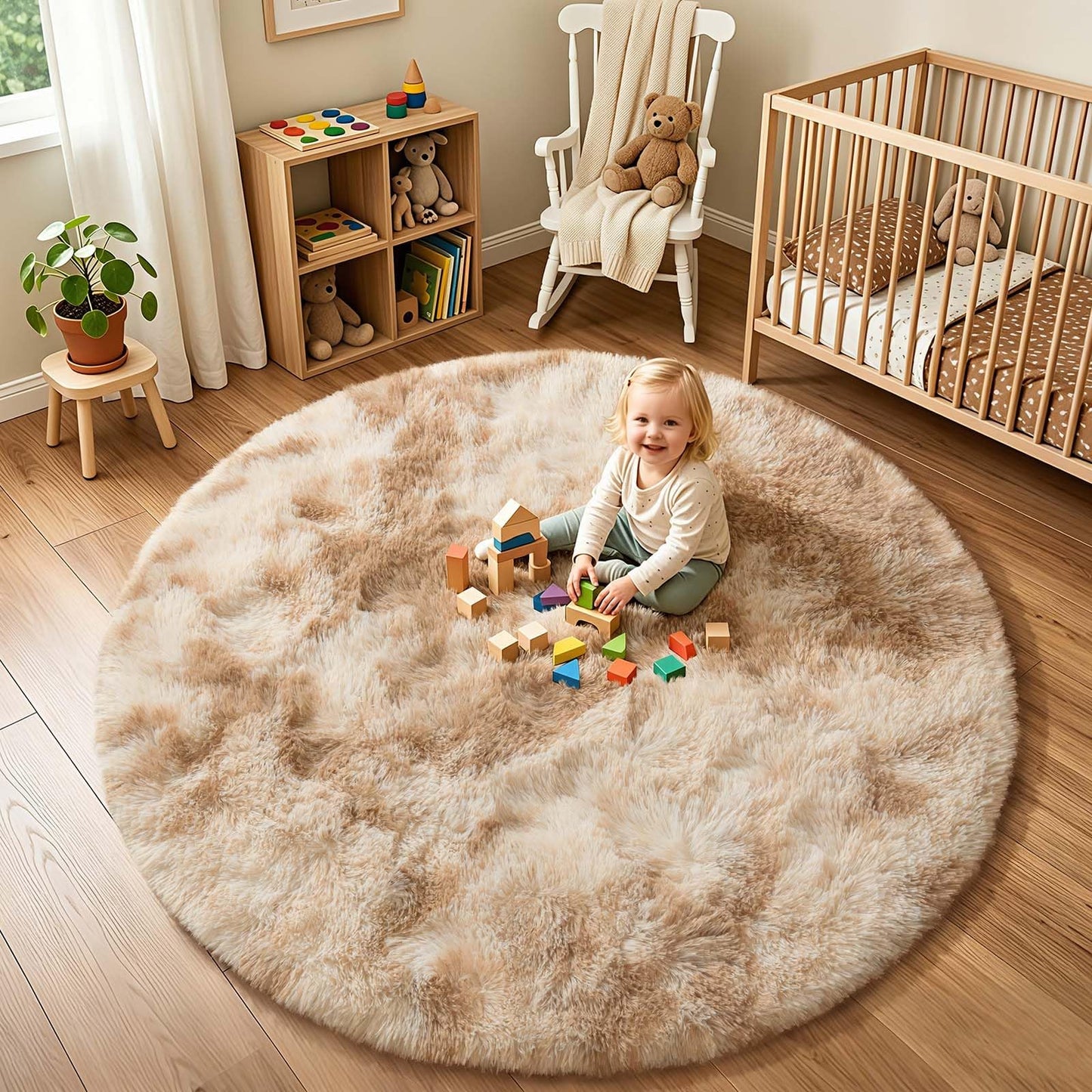 KIXINWA Round Rug for Bedroom, 5x5 Area Rug for Living Room, Fluffy Carpet for Kids Nursery Dorm Room, Soft Shag Non Slip Floor Rugs, Home Décor Carpet, Machine Washable, Tie-Dyed Camel