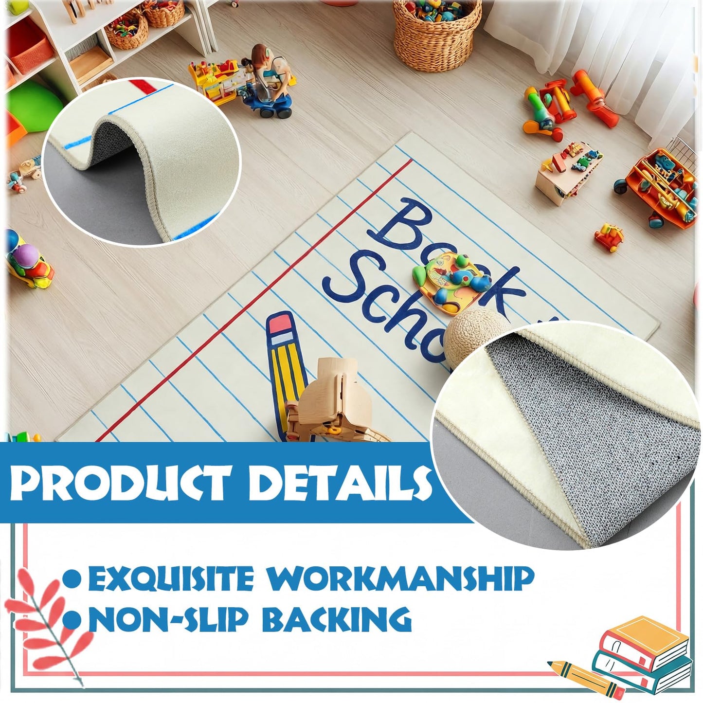 Breling 5 x 7.6 ft Large Classroom Area Rug Composition Notebook Rug Elementary Educational Carpet Back to School Decor for Teachers Library Nursery Playroom Reading Corner Daycare Learning Space