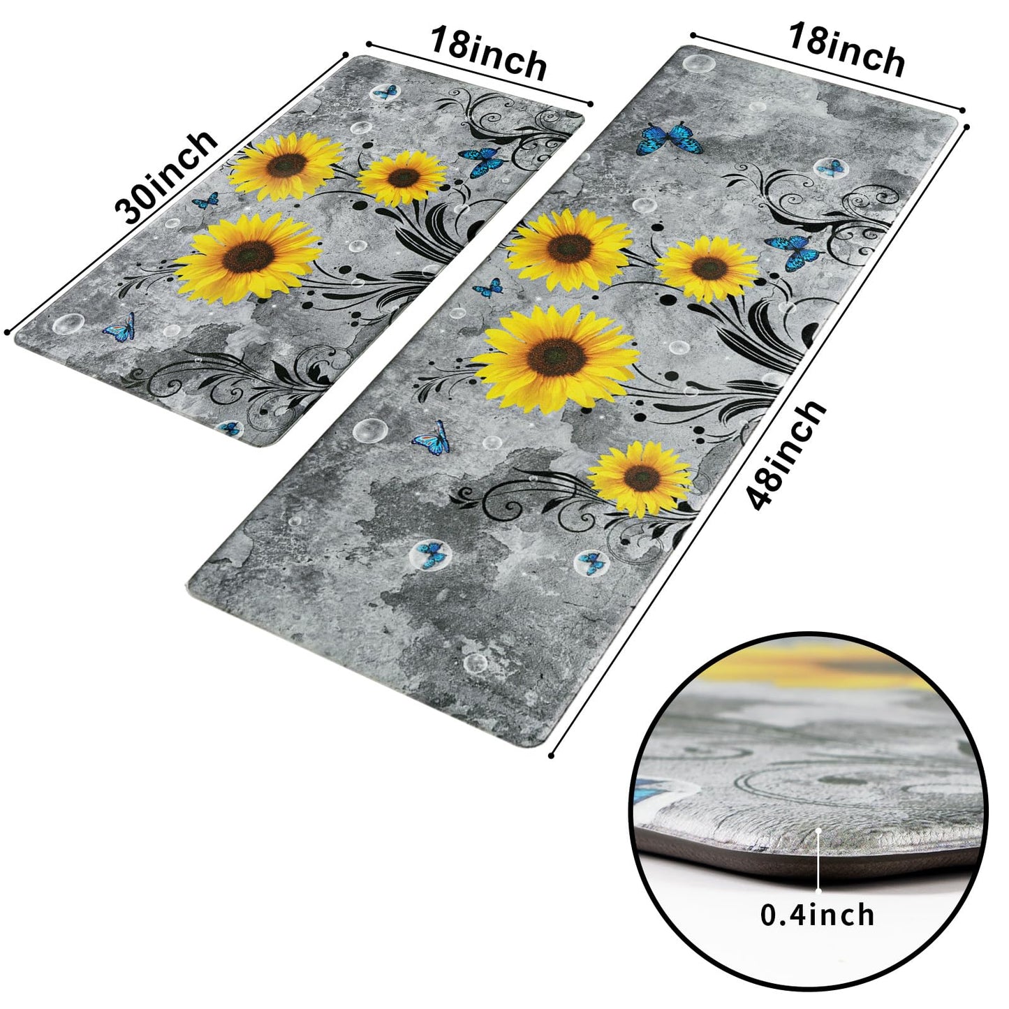 Likiyol Sunflower Kitchen Rugs Sets of 2 Kitchen Mats for Floor Anti Fatigue Mats for Kitchen Floor, Spring Kitchen Rugs Non Slip was Washable, Floral Standing Floor Mats, 18''x30''+18''x48'' (Gray)