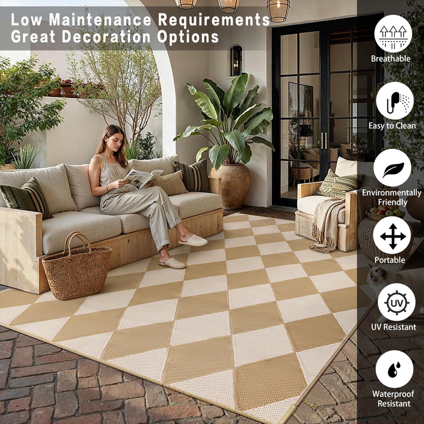 WondRg Outdoor Plastic Checkered Rug Waterproof Patio 6x9 Beige Brown Diamond Geometry Mat for Porch Camping RV Balcony Deck Courtyard Reversible Lightweight Durable Portable