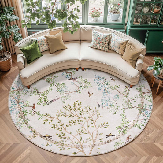 jinchan Yarden Round Rug 8ft, Vintage Distressed Botanical Birds Print Rug, Machine Washable Ultra Thin Low Pile Non Slip Area Rug, Ivory Circle Rug for Living Room Bedroom