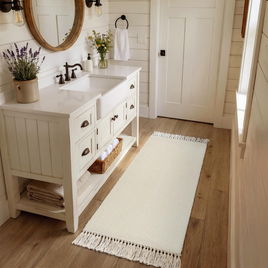 Collive Bathroom Runner Rug, 2' x 5' Modern Farmhouse Kitchen Runner Rug Hand-Woven Entryway Rugs Runners for Hallway, White Boho Washable Laundry Carpet Indoor Front Door Mat for Bedroom Decor