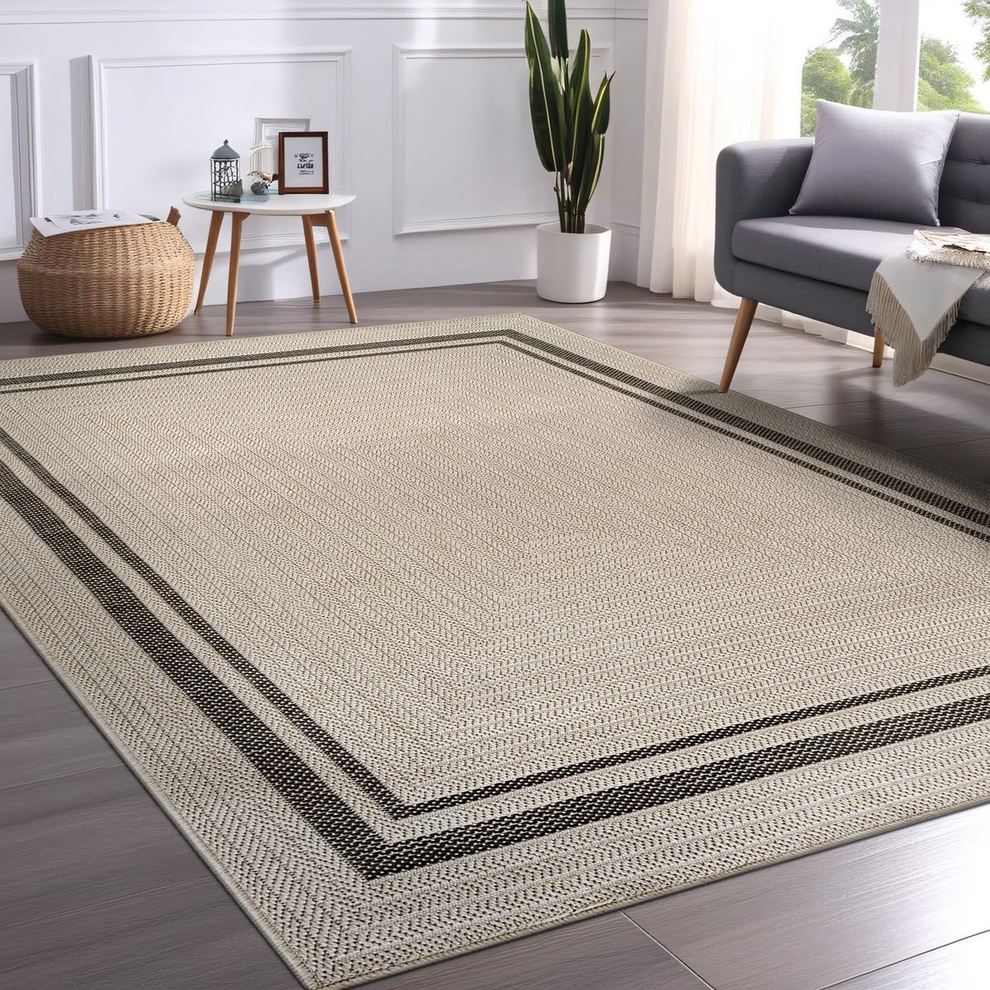 Beverly Rug Easy Jute Bordered Rug 9x12 Washable Large Indoor Outdoor Area Rugs for Living Dining Room Patio Office Stain Resistant Non Shedding Casual Indoor Outside Carpet 9 x 12 Off-White