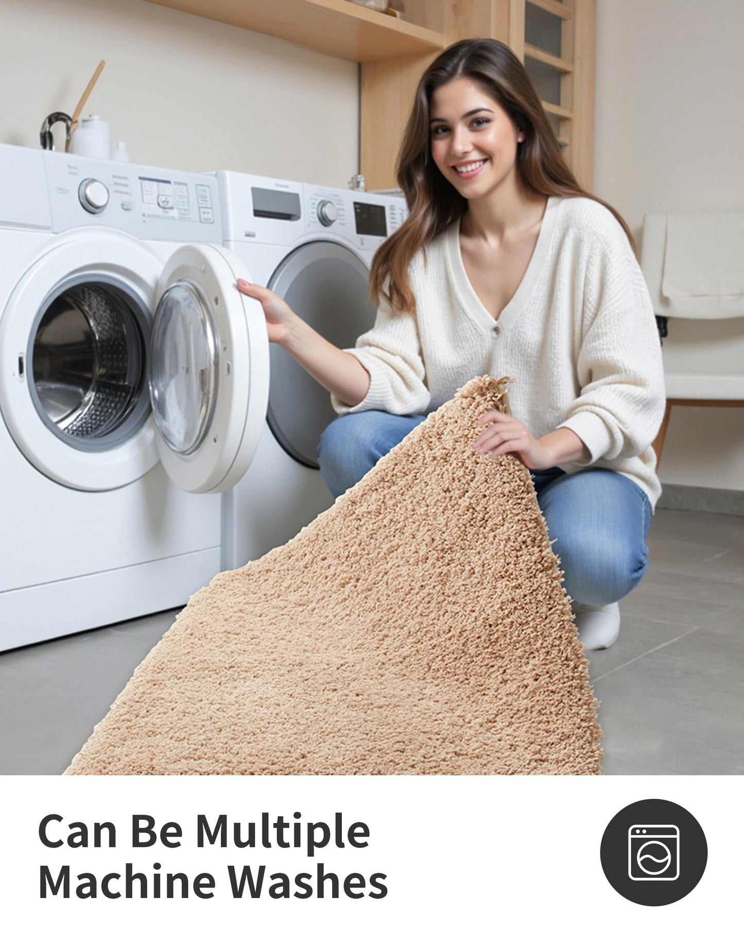 ILANGO Beige Bathroom Rugs 32" × 20" Non Slip & Super Absorbent Extra Thick Soft, Washable Bath Mat for Floor, Microfiber Plush Shaggy Bath Rug with Rubber for Bathtub Shower Room Sink