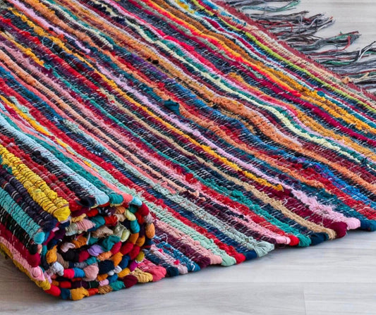 Multicolor Chindi Rag Rug, Boho Woven Cotton with Fringe, 36x60 Inch