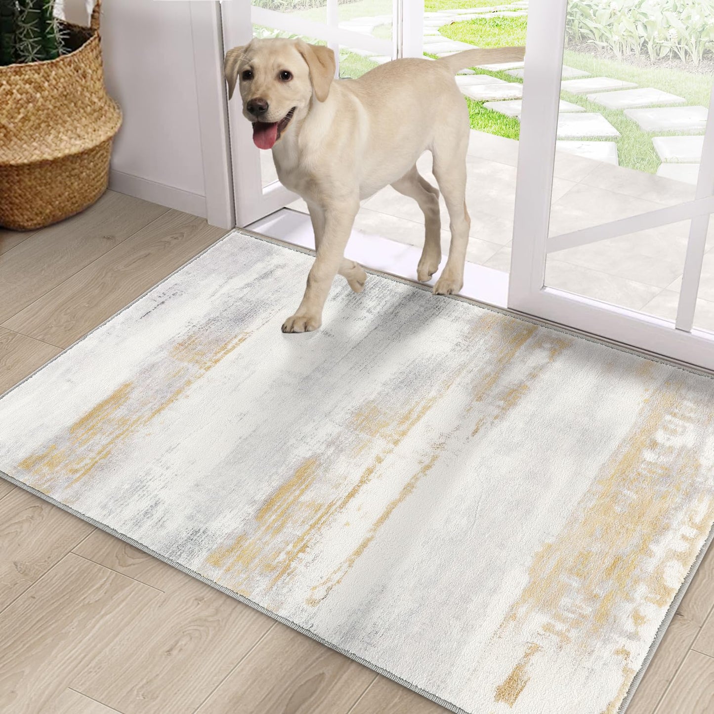 CRISTGEE Door Mat, Front Indoor Door Mat Faux Wool Non-Slip Entryway Rug Absorbent Abstract Throw Rug for Indoor Entrance Hallway Laundry Room, High Traffic Areas, 24X36 Inches, Yellow Washable