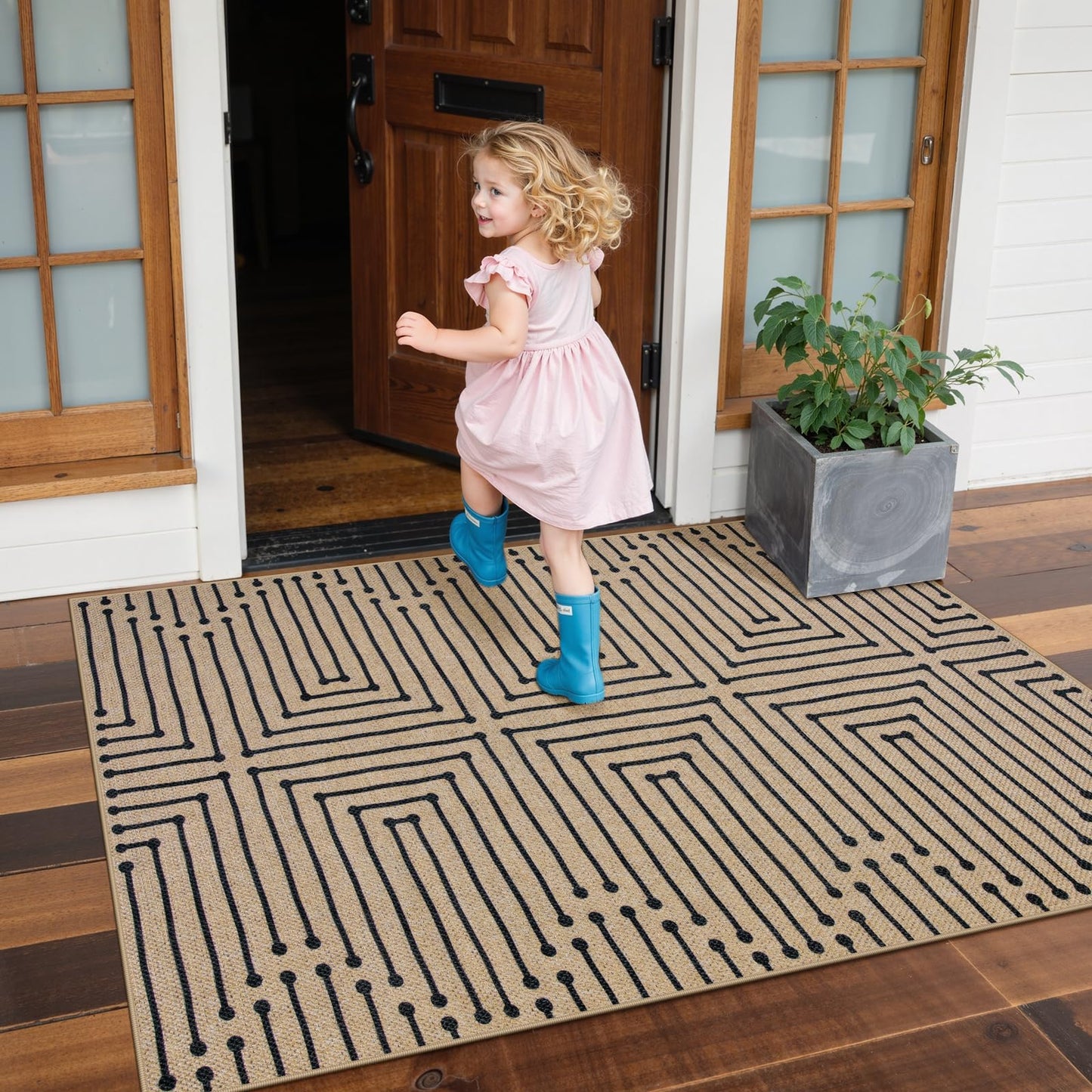 Lahome Boho 3x5 Washable Rugs for Entry, Easy Jute Indoor Outdoor Porch Rugs, Maze Lines Modern Throw Rug Non Slip Stain Resistant Door Mat for Bedroom Living Room Deck