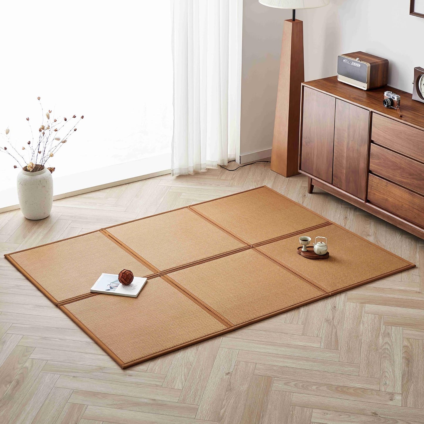 KITBRHOME Natural Rattan Floor Foldable Tatami Mat,Queen, 79" x 59" x 0.5"