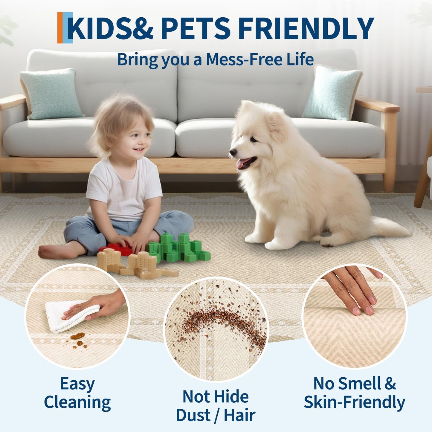 COZYLOOM Modern Living Room Rug 5x7 Rug for Entryway Indoor Machine Washable Area Rugs with Non Slip Backing, Non Shedding Stain Resistant Neutral Bordered Carpet for Office Nursery, Beige