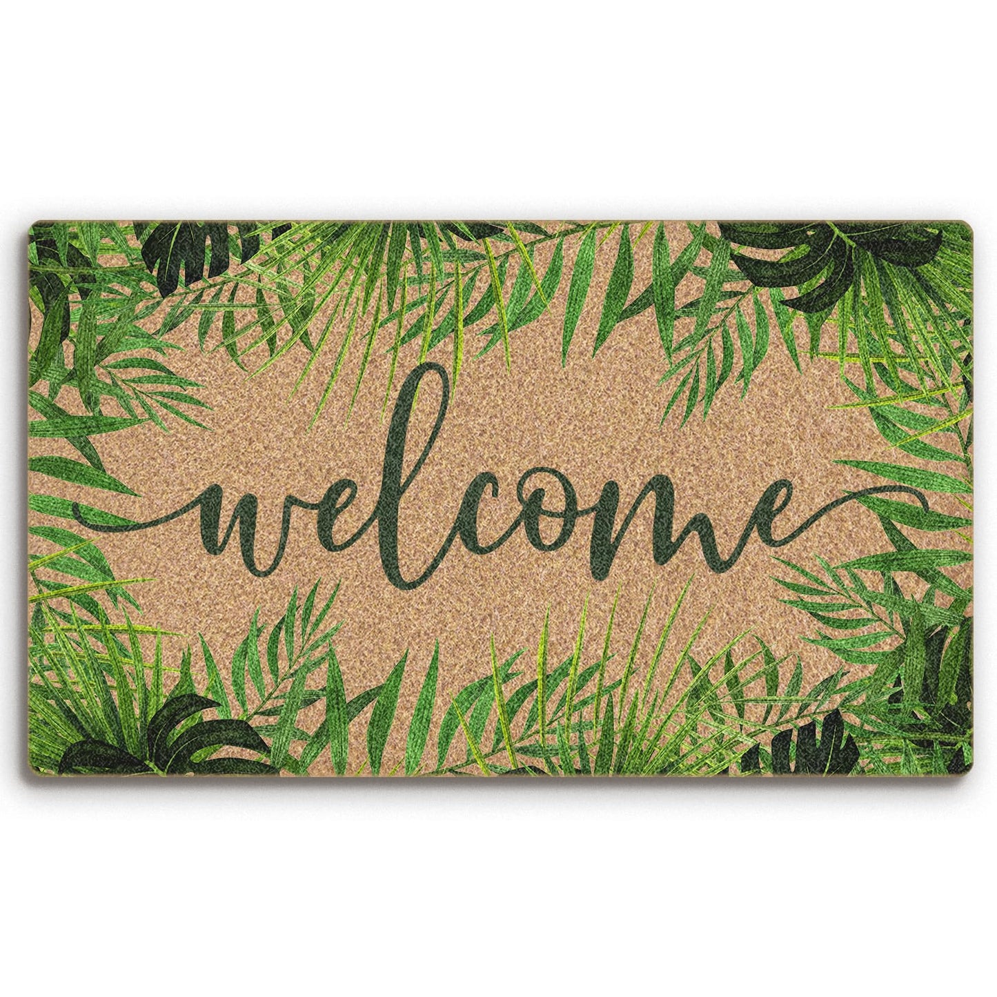 BitKAM Tropical Green Botanical Coco Coir Doormat Door Welcome Mat for Home Entrance Front Door, Summer Fern Monstera Leaf Welcome Floor Mats for Outdoor Outside Entryway 30x17 Inch