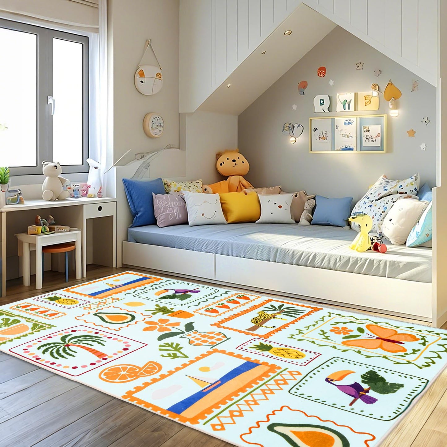 Instellar 5x7 Washable Kids Rug, Soft Low Pile Large Area Rugs with Non-Slip Plant & Animal Pattern Carpet for Nursery Bedroom Playroom Classroom Living Room,Light Blue