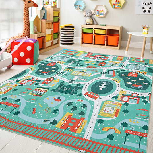 UKISS Educational Play Rug，55"x55" Traffic Road Kids Car Mat,Non-Slip Washable City Kids Play Mat,Area Rug Kid Carpet for Playroom Living Room Nursery Room Decor,Green