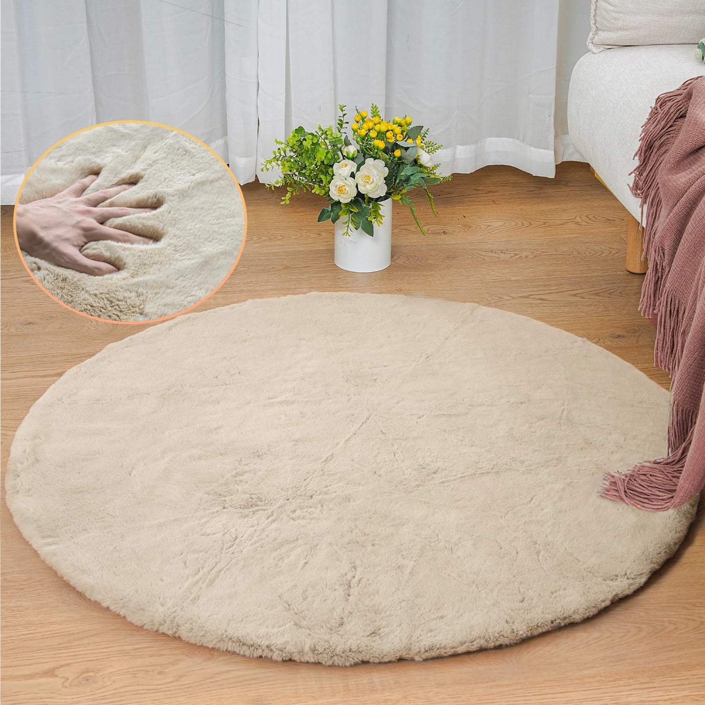 ORINOVA Camel Plush Shag Faux Rabbit Washable Fuzzy Fur Rugs for Living Room Bedroom Kids Circle Small Nursery Area Rug Round Rug 3ft