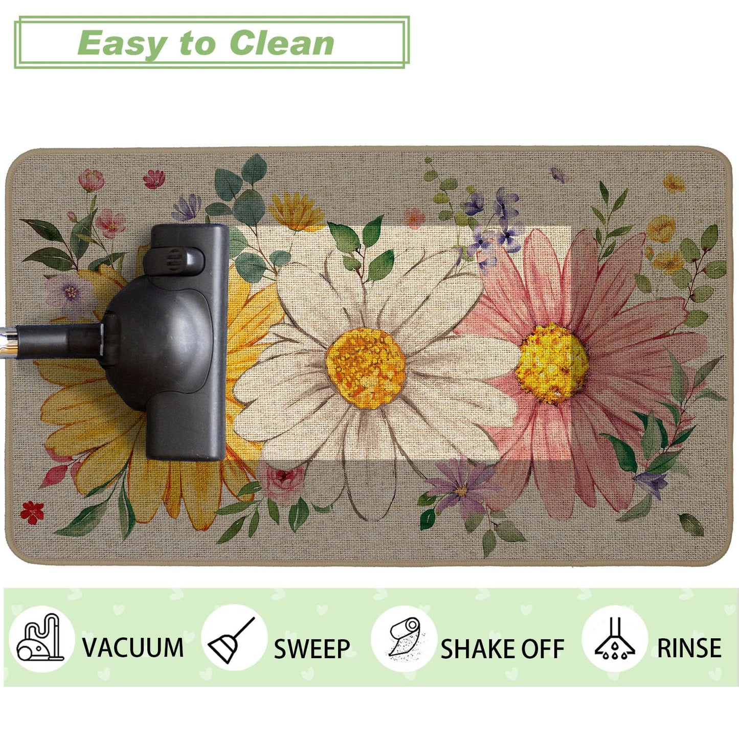 Baccessor Spring Summer Floral Doormat Outdoor Outside, Sunflower Daisy Flowers Door Mat Low-Profile Non-Slip Rubber Backing Entrance Front Seasonal Holiday Decoration 17x29 Inch