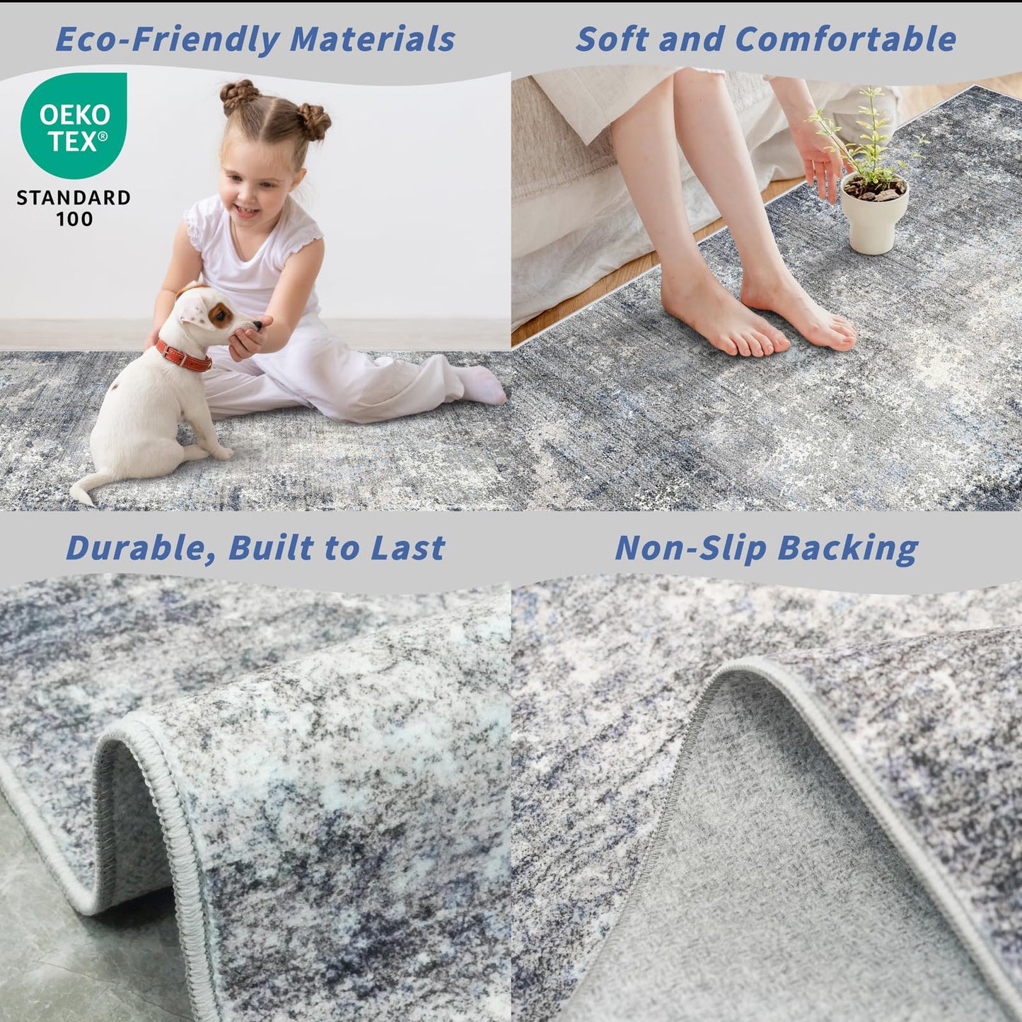 3x5 Washable Entryway Rug – Non-Slip Rubber Backed Small Area Rug for Kitchen, Bedroom, Living Room, Office – Soft Low-Pile Thin Modern Abstract Neutral Throw Rug （Blue Gray,3x5）