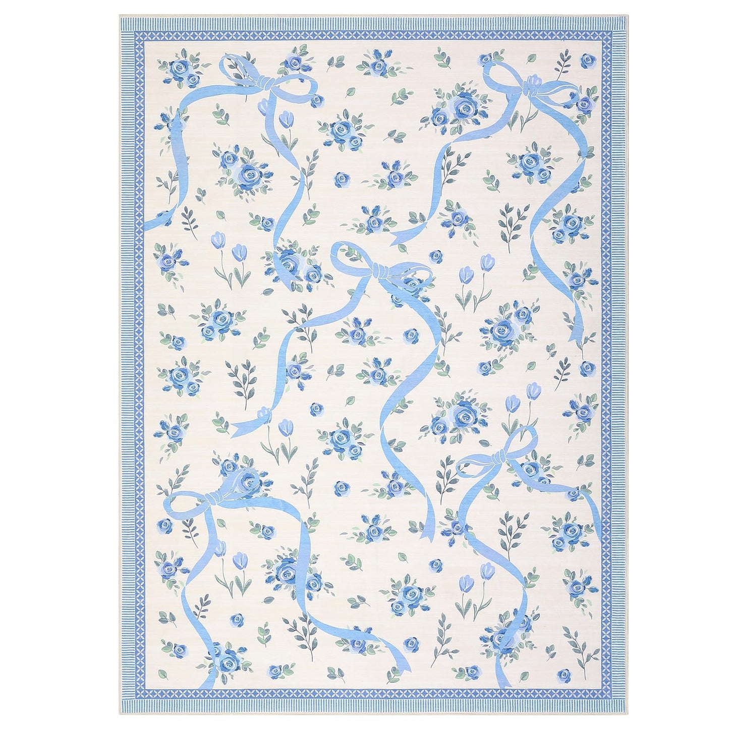 GarveeHome Floral Bow Rugs for Bedroom Girls, 5x7 Area Rugs for Living Room with Soft Low Pile, Non Slip Blue and White Washable Rug 5x7 for Nursery Kids Playroom Dining Room College Dorm Rug