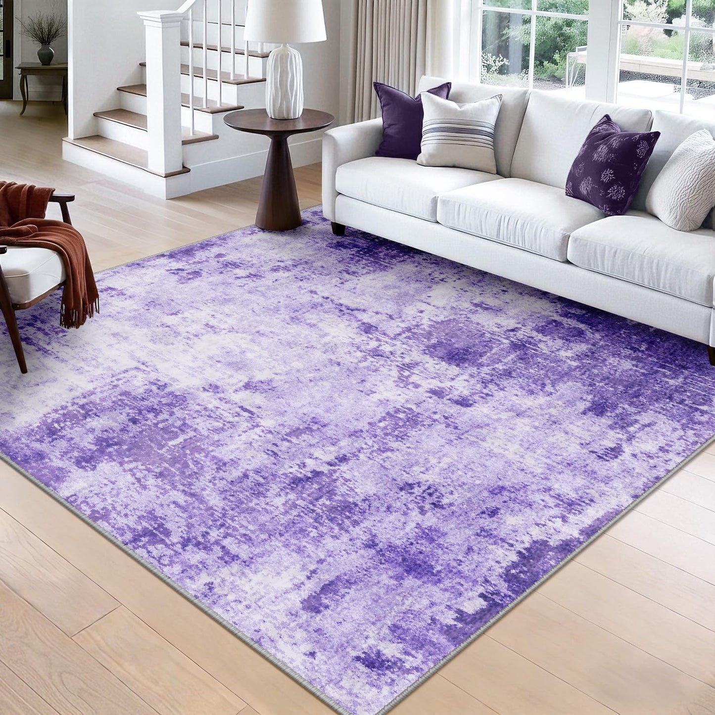 RELEANY Washable Area Rugs Square 8ft Non-Slip Modern Abstract Soft for Living Room Entryway Bedroom Kitchen, Print Pattern, Purple Gray Pink White