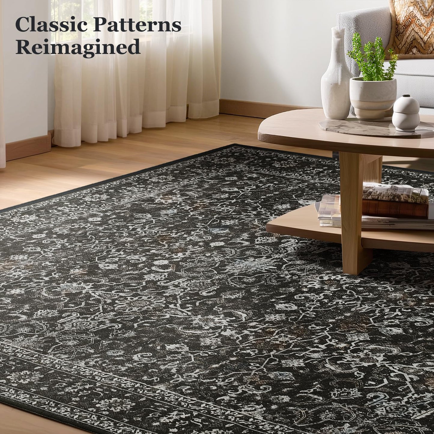 Jainmy Dark Area Rug 6x9, Vintage Earth Tone Rugs for Living Room Bedroom, Washable Non Slip Low Pile Thin Carpet Rug for Dining Room Guest Room Home Office, Farmhouse Distressed Midnight